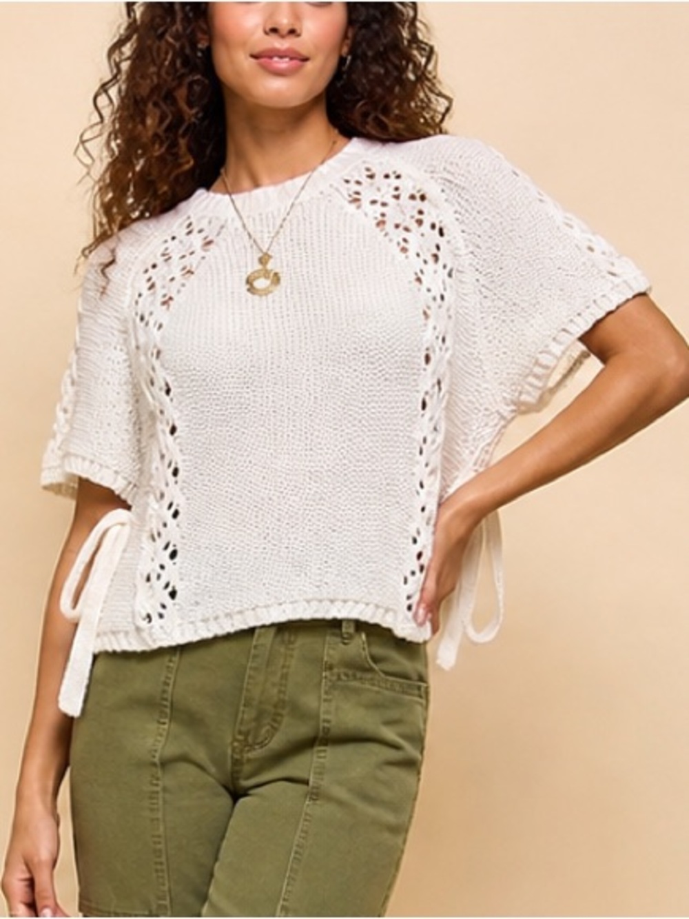 ENTRO Cream Knit Short-Sleeve Side Tie Sweater Top ~ NWT
